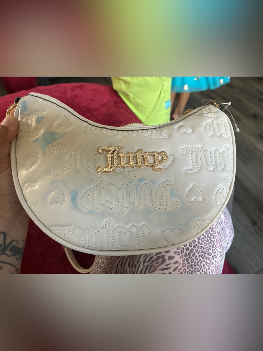 White Quilted Heart Crossbody with Gold Logo Accent